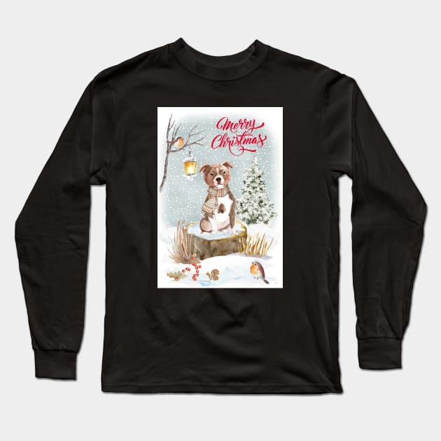 Staffordshire Bull Terrier Merry Christmas Santa Dog Long Sleeve T-Shirt by Puppy Eyes